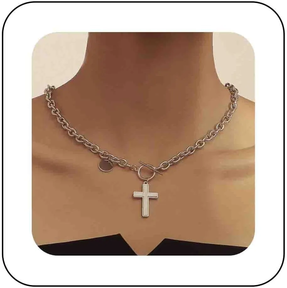 Boho Mother Of Pearl Cross Choker Necklace Faith Cross Pendant Necklace White Cross Necklace Toggle T Bar Chain Necklace Gold Disc Coin Drop Necklace Jewelry for Women
