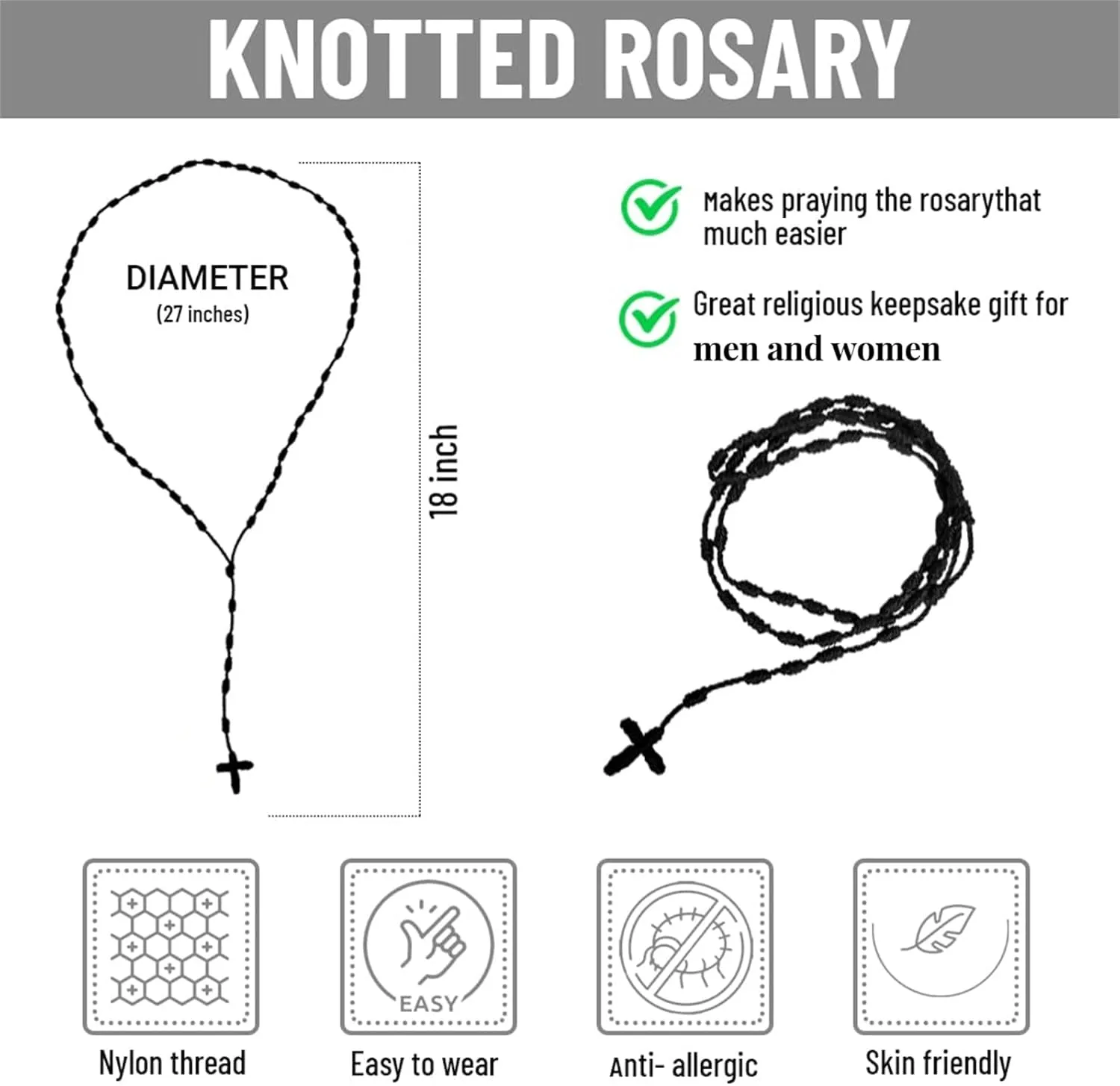 BONITTER 6Pcs/Set Handmade Black Knotted rosary with Cross Charm - Red thread rosary, Lightweight Catholic & Spiritual Prayer Necklace, 18 Inch Rope Rosary Gift for Women Men