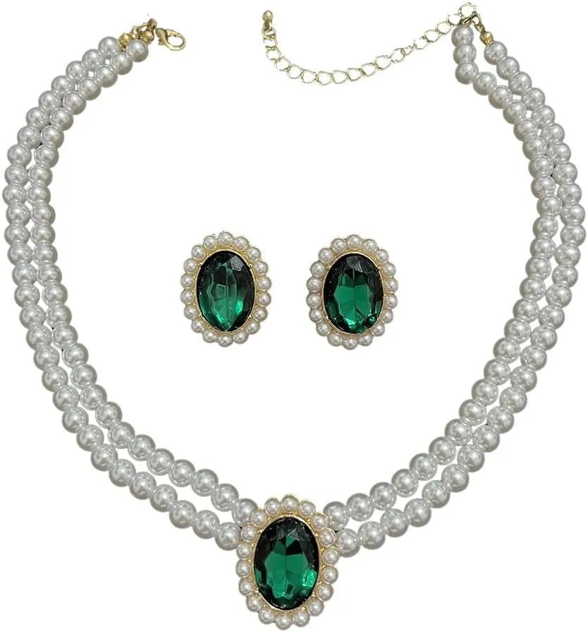 Bridal Simulated Emerald Green Crystal Necklace with Cubic Zirconia Cultured Pearl Stud Earrings Set Adjustable Chain Layered Choker Necklace for Women Mother Gorgeous Jewelry Gifts Wedding