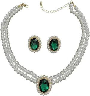 Bridal Simulated Emerald Green Crystal Necklace with Cubic Zirconia Cultured Pearl Stud Earrings Set Adjustable Chain Layered Choker Necklace for Women Mother Gorgeous Jewelry Gifts Wedding