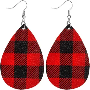 Buffalo Plaid Earrings - Lightweight Faux Leather Teardrop Dangle Earrings for Women - Christmas & Xmas