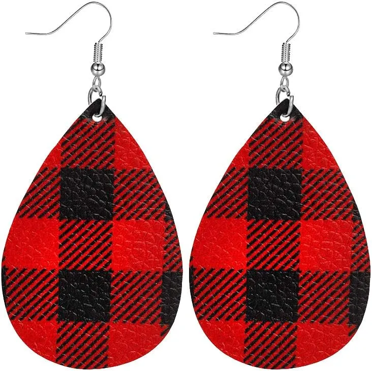 Buffalo Plaid Earrings - Lightweight Faux Leather Teardrop Dangle Earrings for Women - Christmas & Xmas