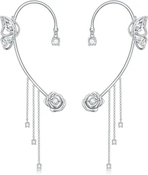 Butterfly Earrings For Women Sterling Silver Rhinestone Non Pierced Ear Crawler Clips Butterfly Cuff Wrap Earrings For Women Her