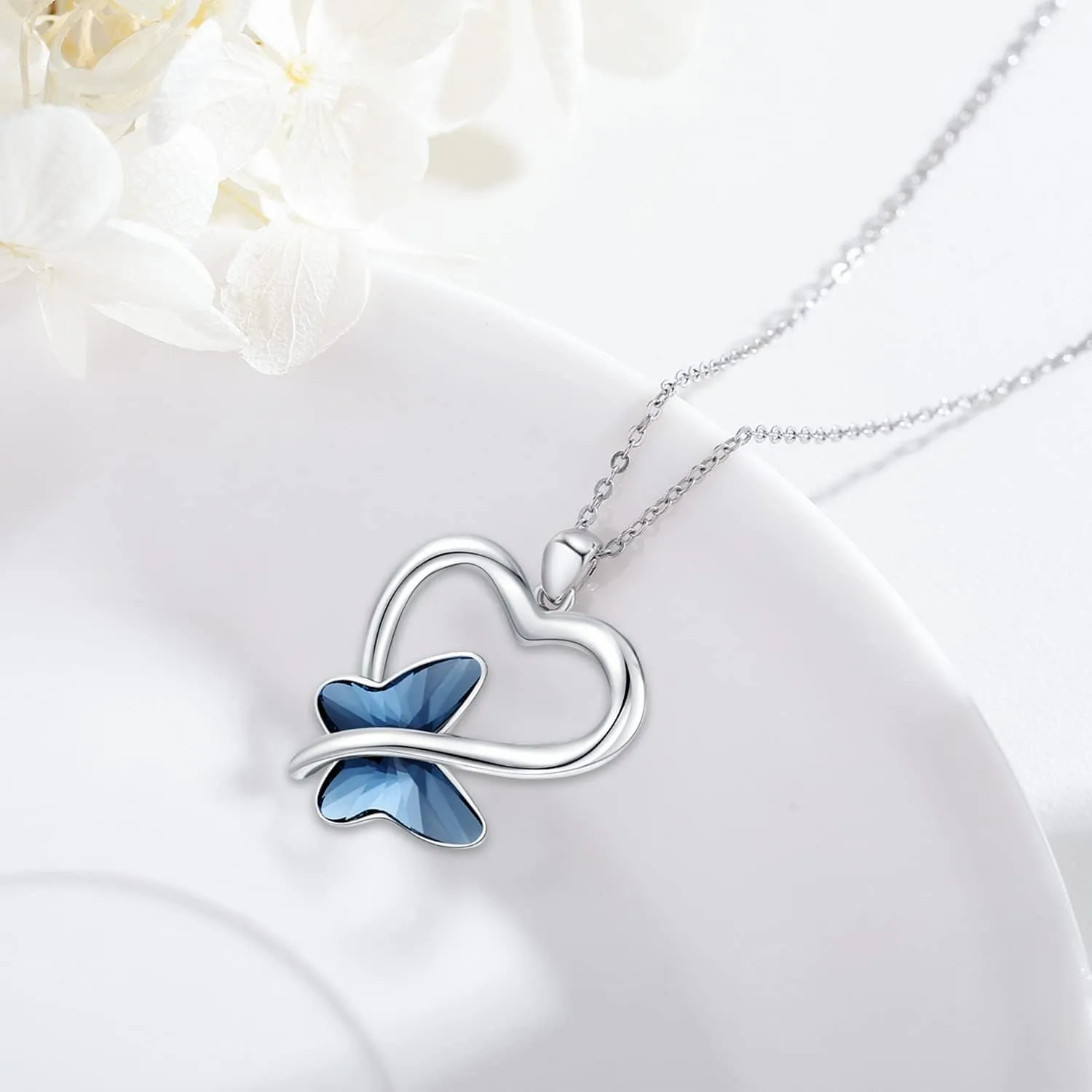 Butterfly Necklace 925 Sterling Silver Heart Butterfly Pendant Necklace with Moonstone Crystal Butterfly Jewelry Gifts for Women Girls