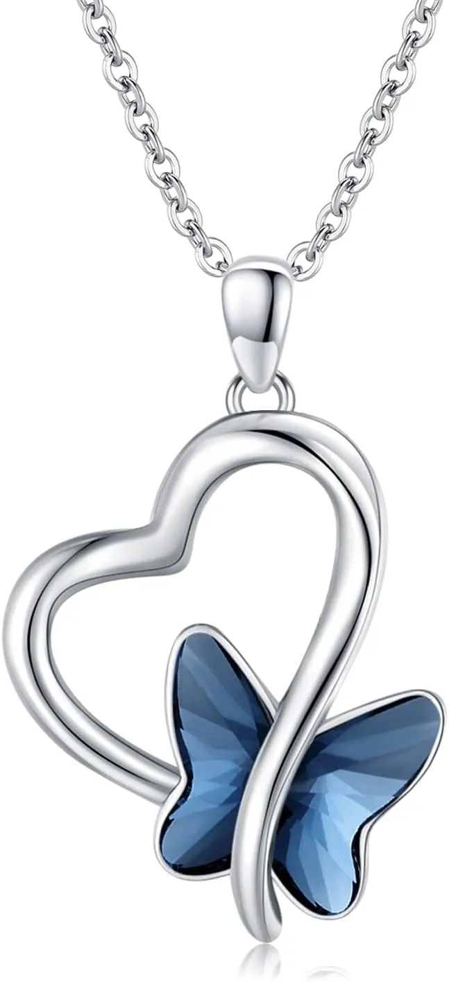 Butterfly Necklace 925 Sterling Silver Heart Butterfly Pendant Necklace with Moonstone Crystal Butterfly Jewelry Gifts for Women Girls