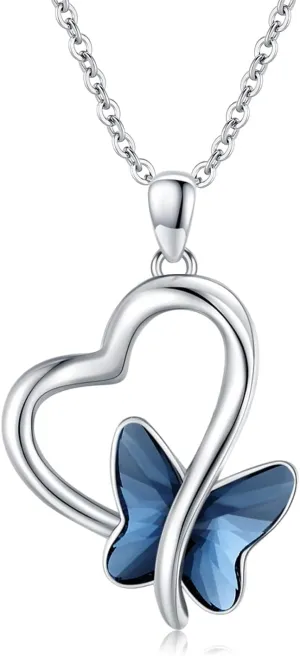 Butterfly Necklace 925 Sterling Silver Heart Butterfly Pendant Necklace with Moonstone Crystal Butterfly Jewelry Gifts for Women Girls