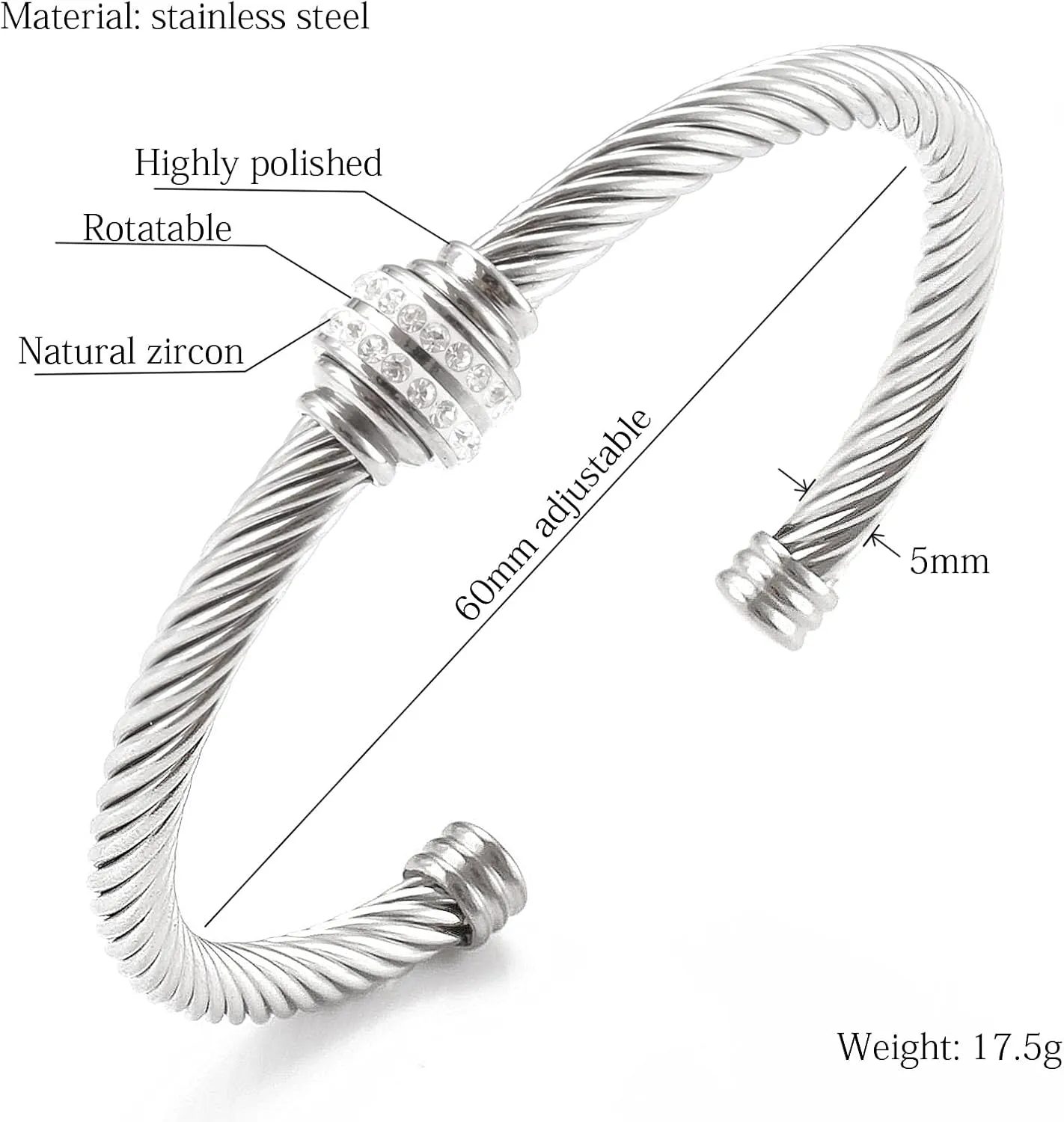 Cable Bracelet Two Tone Stainless Steel Retro Twisted Wire Bangle Bracelet, Adjustable Cuff Bangle Bracelet, Suitable, Mother, Wife, Valentine's Day Gift