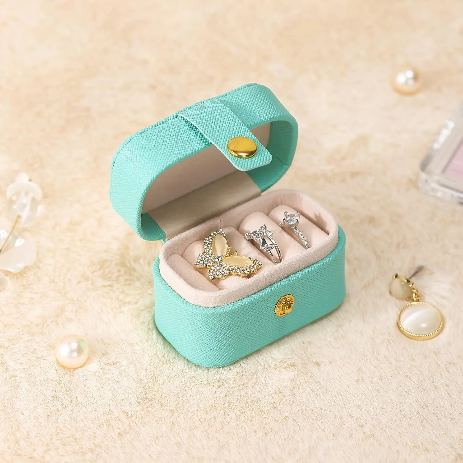 CASEGRACE Small Jewelry Ring Box Mini Travel Jewelry Case Portable Ring Storage Case for Rings Earrings, Gifts for Women, Blue