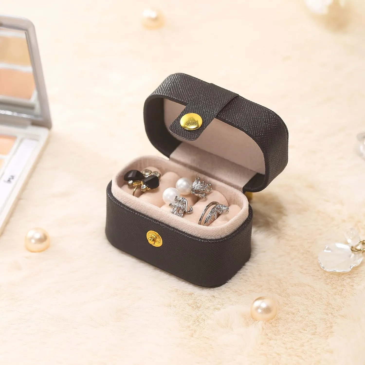 CASEGRACE Small Jewelry Ring Box Mini Travel Jewelry Case Portable Ring Storage Case for Rings Earrings, Gifts for Women Girls, Black