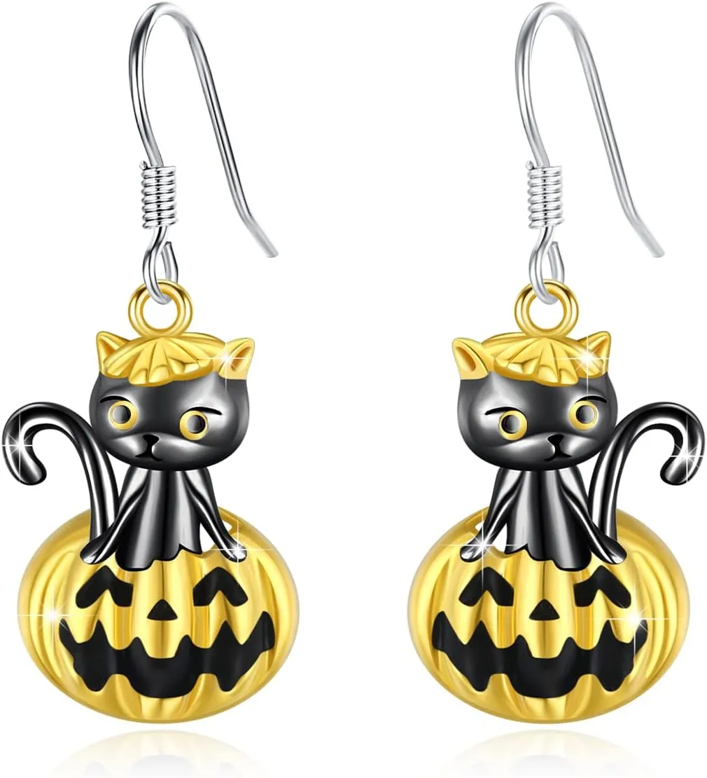 Cat Halloween Earrings Sterling Silver Cute Black/Silver Cat Dangle Halloween Pumpkin Hypoallergenic Small Cat Halloween Pumpkin Jewelry Gifts for Women Girls