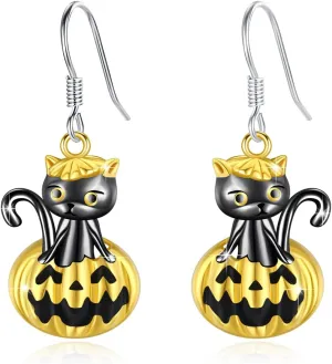 Cat Halloween Earrings Sterling Silver Cute Black/Silver Cat Dangle Halloween Pumpkin Hypoallergenic Small Cat Halloween Pumpkin Jewelry Gifts for Women Girls