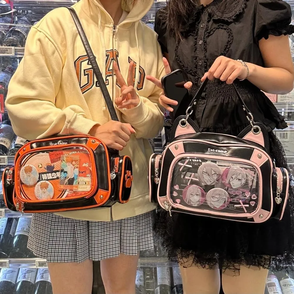 Cat Ita Bag Pins Display Backpack for Girls Single Shoulder Bag Purse with Insert for School Comic Con (orange black PU)