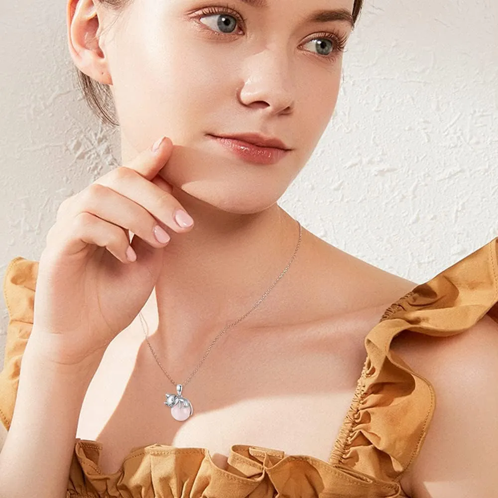 Cat Necklace Sterling Silver Cat Pendnat with Rose Quartz Pearl Jewelry Gifts for Women Cat Lovers