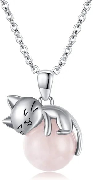 Cat Necklace Sterling Silver Cat Pendnat with Rose Quartz Pearl Jewelry Gifts for Women Cat Lovers
