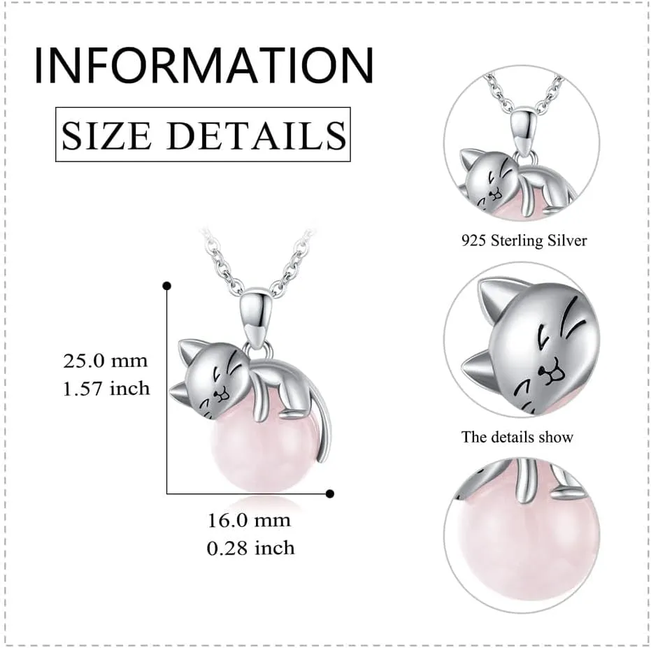Cat Necklace Sterling Silver Cat Pendnat with Rose Quartz Pearl Jewelry Gifts for Women Cat Lovers
