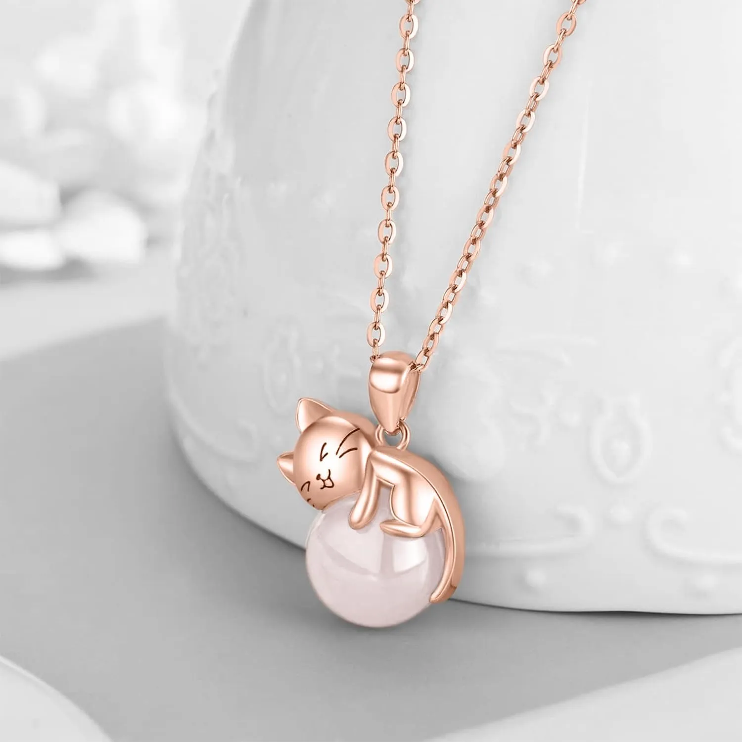 Cat Necklace Sterling Silver Cat Pendnat with Rose Quartz Pearl Jewelry Gifts for Women Cat Lovers