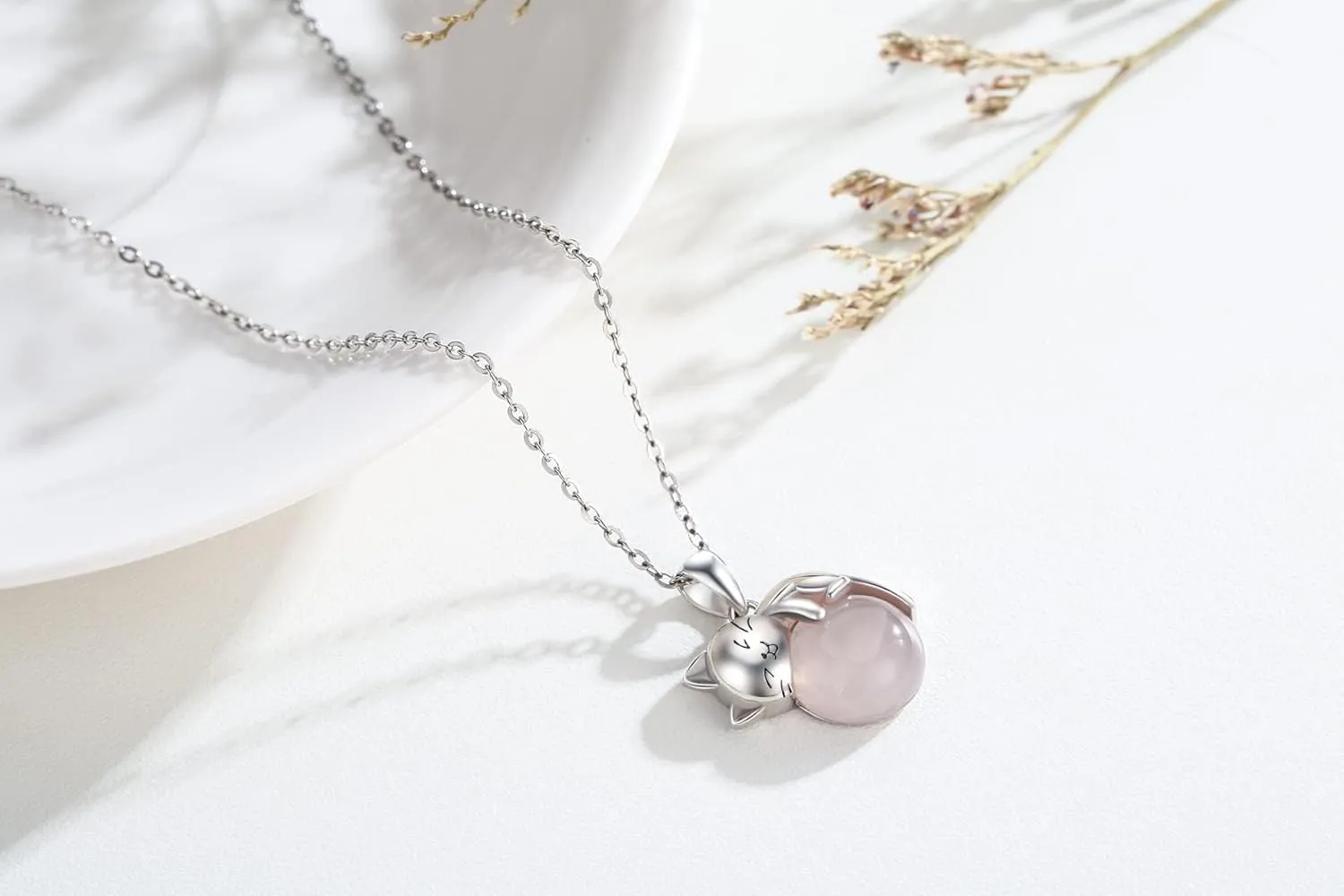 Cat Necklace Sterling Silver Cat Pendnat with Rose Quartz Pearl Jewelry Gifts for Women Cat Lovers