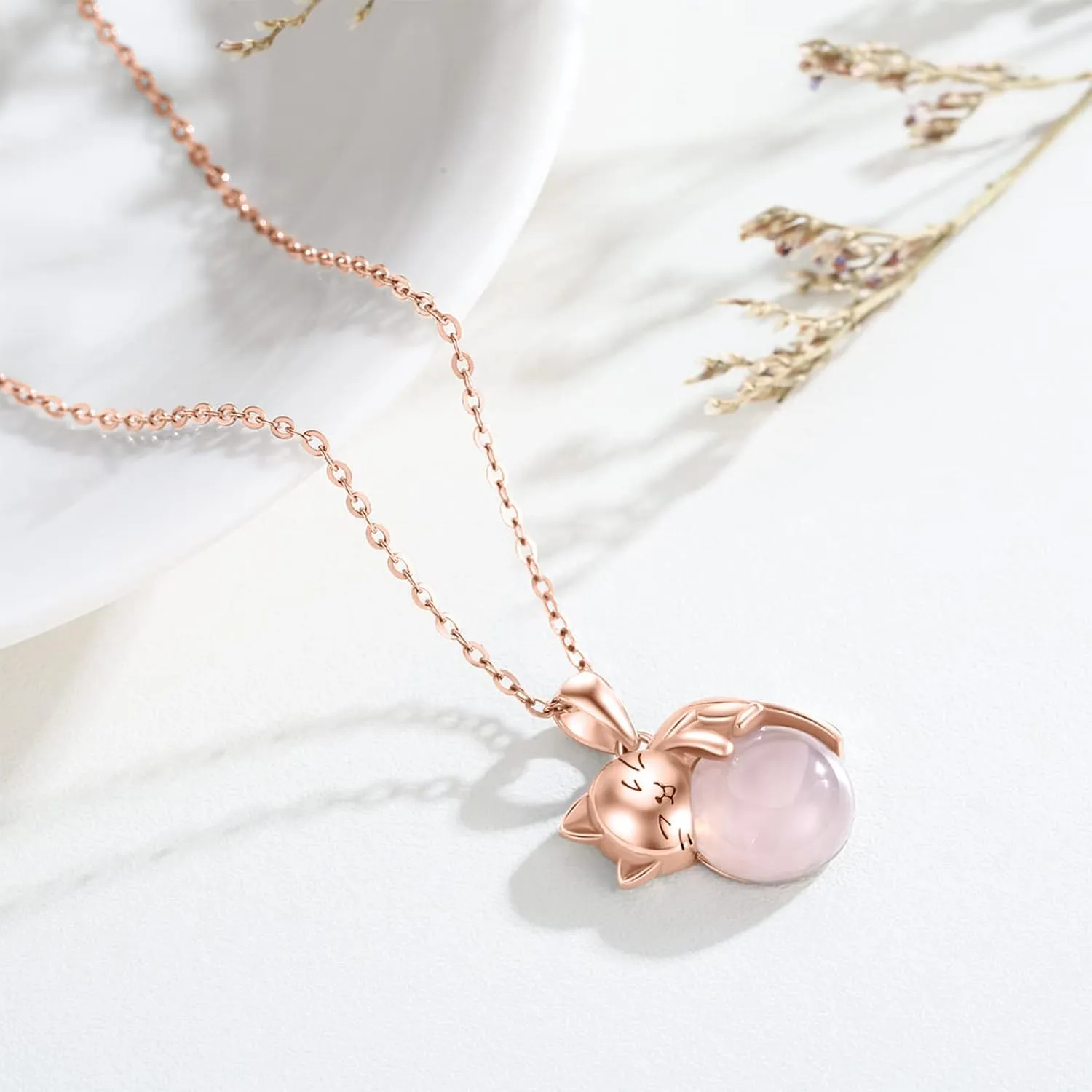 Cat Necklace Sterling Silver Cat Pendnat with Rose Quartz Pearl Jewelry Gifts for Women Cat Lovers