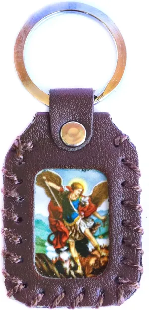 Catholic Keychain Brown Leather Handmade of Sacred St. Michael Archangel & Guadalupe Virgin 4cm x 6cm by Zaraleas