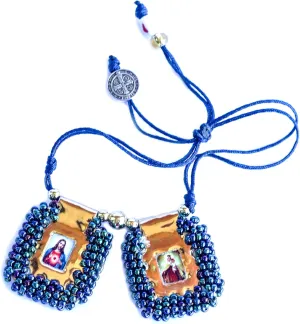 Catholic Scapular Bracelet Handmade Embroidered Dark Blue Stone Wristband of Sacred Heart of Jesus & Holy Virgin of Carmen 3cm x 3cm by Zaraleas