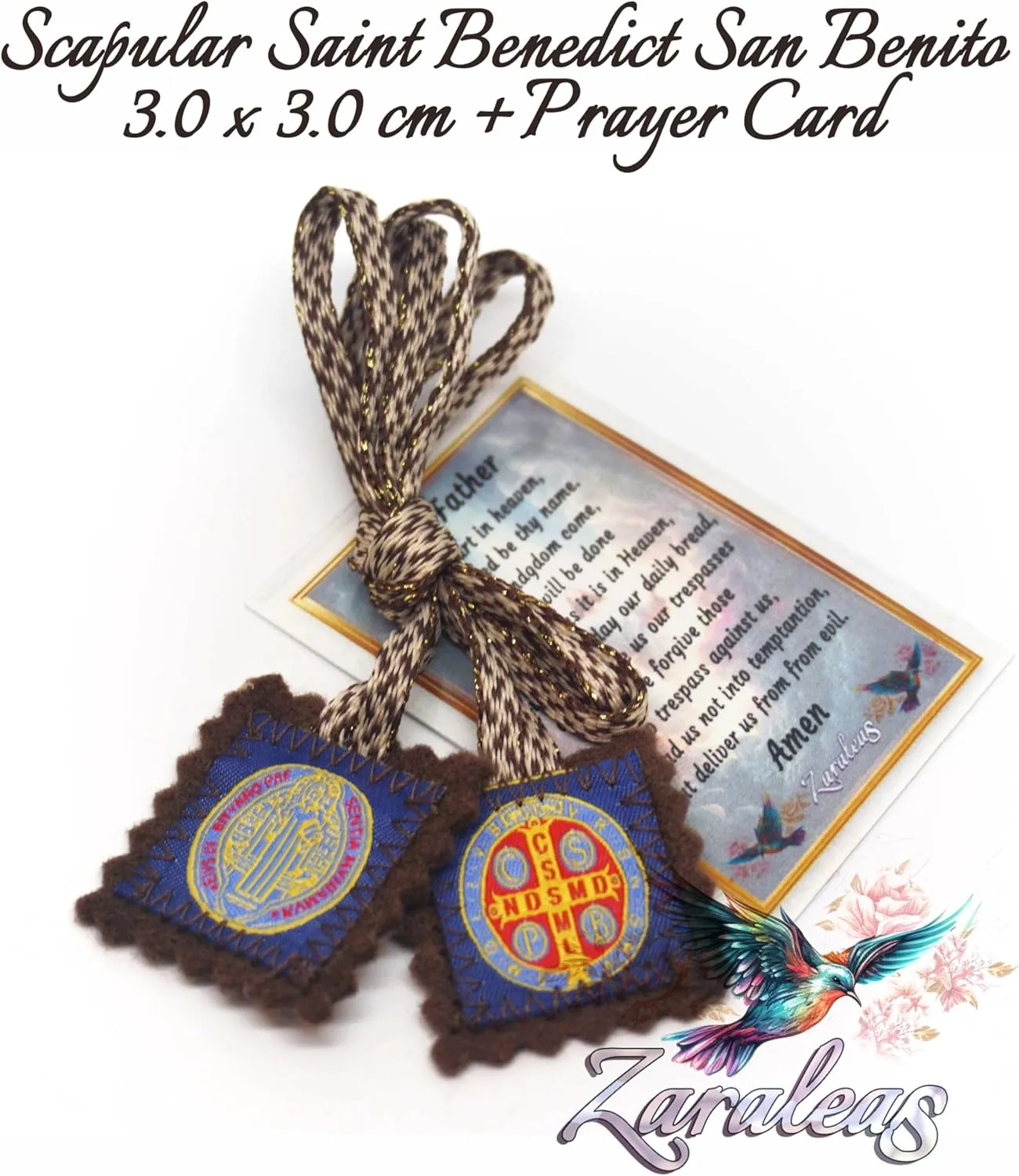 Catholic Scapular Saint Benedict San Benito Protection Wool Rectangular Stich Icon Handmade by Zaraleas (3.0cm x 3.0cm) (Brown)