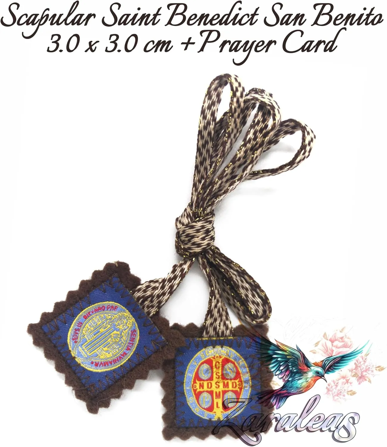 Catholic Scapular Saint Benedict San Benito Protection Wool Rectangular Stich Icon Handmade by Zaraleas (3.0cm x 3.0cm) (Brown)