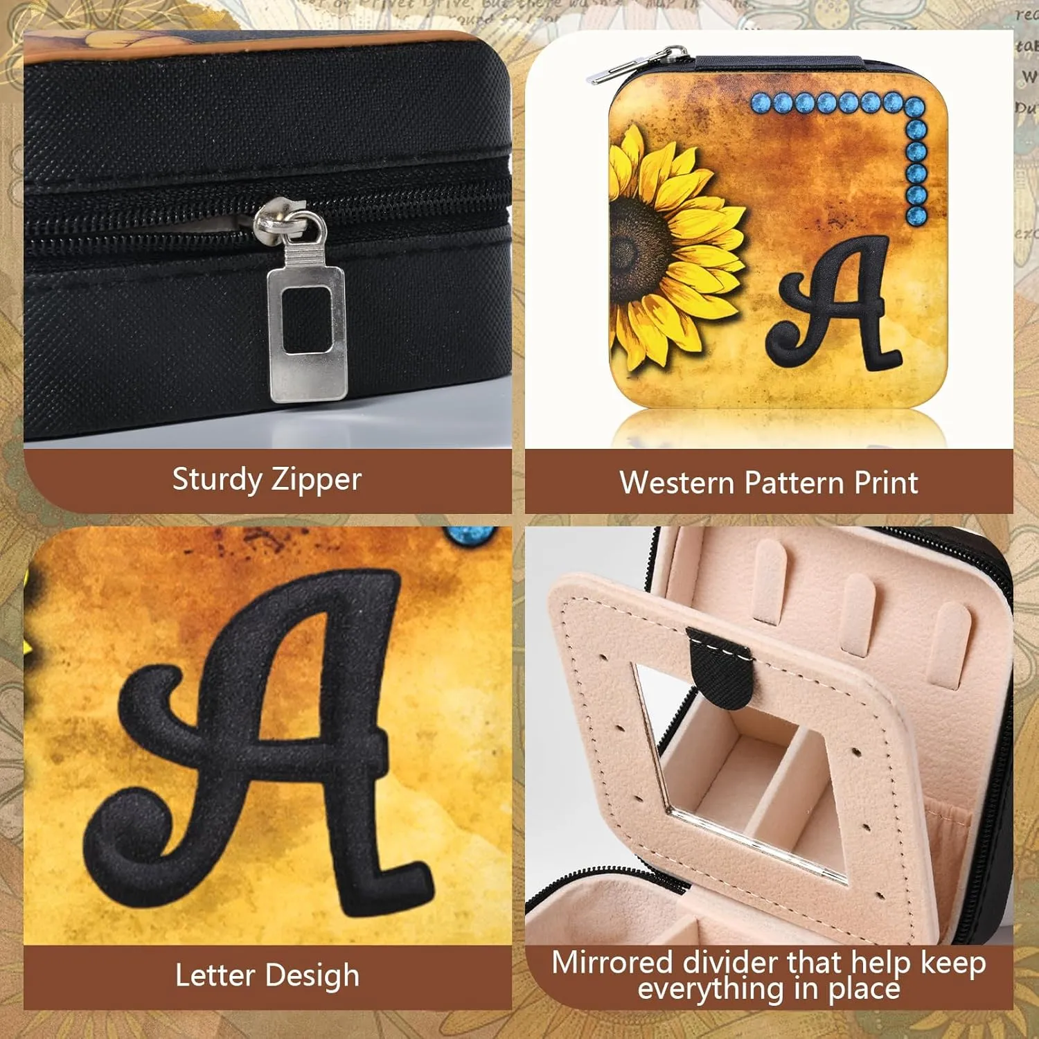 CEELGON Western Travel Jewelry Box Case Teenage Girls Gifts Cowgirl Stuff Sunflower Travel Essentials Jewelry Organizer Gifts for Mom Initial Portable Travel Accessories for Women -Black L