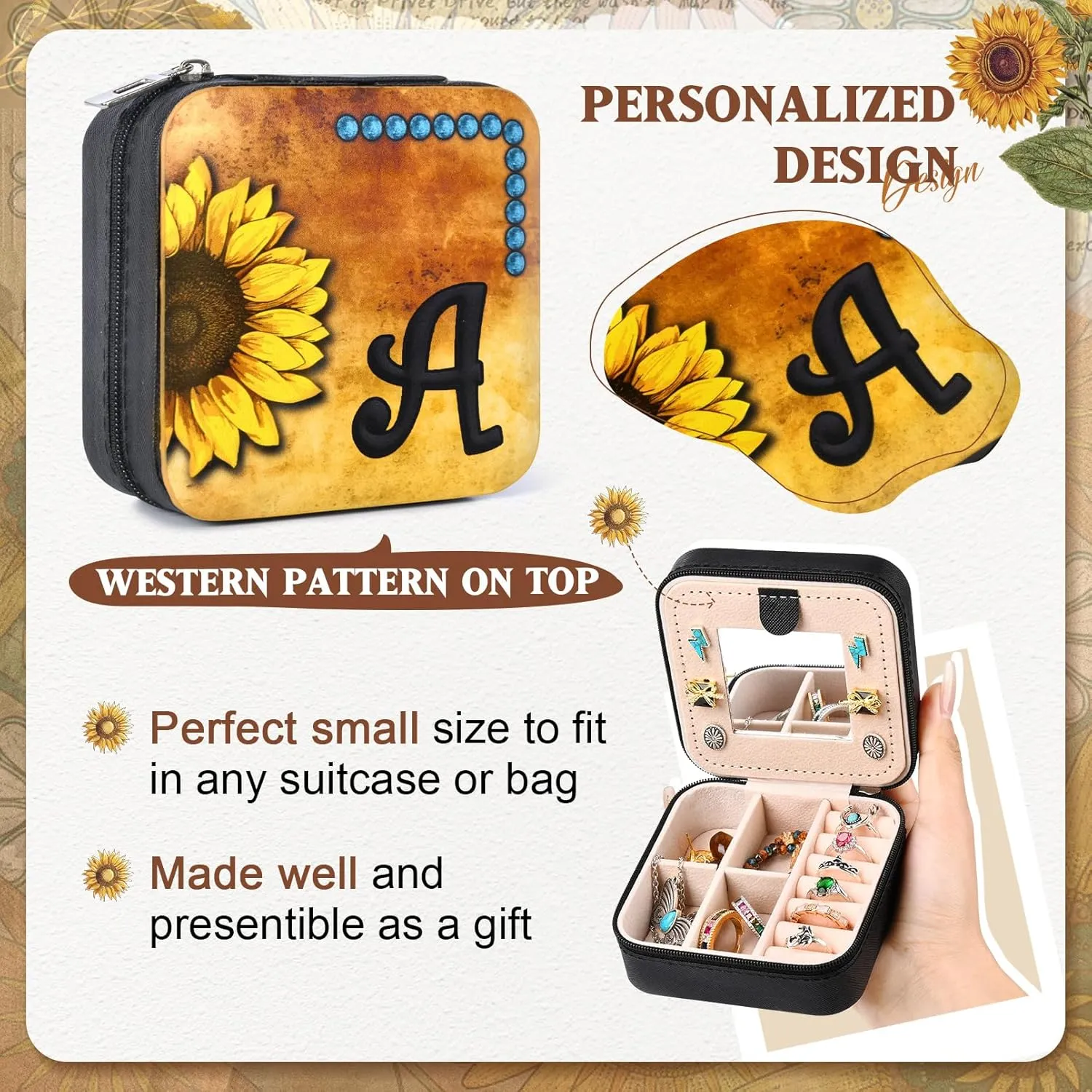 CEELGON Western Travel Jewelry Box Case Teenage Girls Gifts Cowgirl Stuff Sunflower Travel Essentials Jewelry Organizer Gifts for Mom Initial Portable Travel Accessories for Women -Black L
