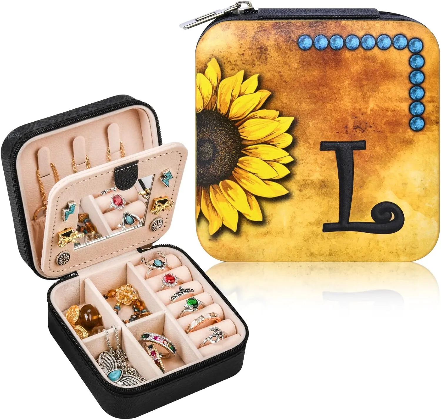 CEELGON Western Travel Jewelry Box Case Teenage Girls Gifts Cowgirl Stuff Sunflower Travel Essentials Jewelry Organizer Gifts for Mom Initial Portable Travel Accessories for Women -Black L