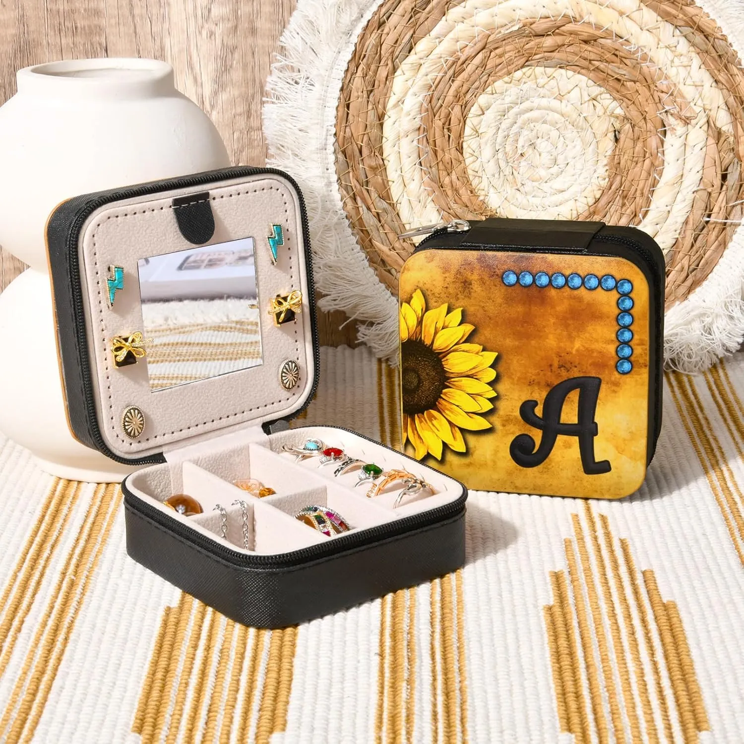 CEELGON Western Travel Jewelry Box Case Teenage Girls Gifts Cowgirl Stuff Sunflower Travel Essentials Jewelry Organizer Gifts for Mom Initial Portable Travel Accessories for Women -Black L