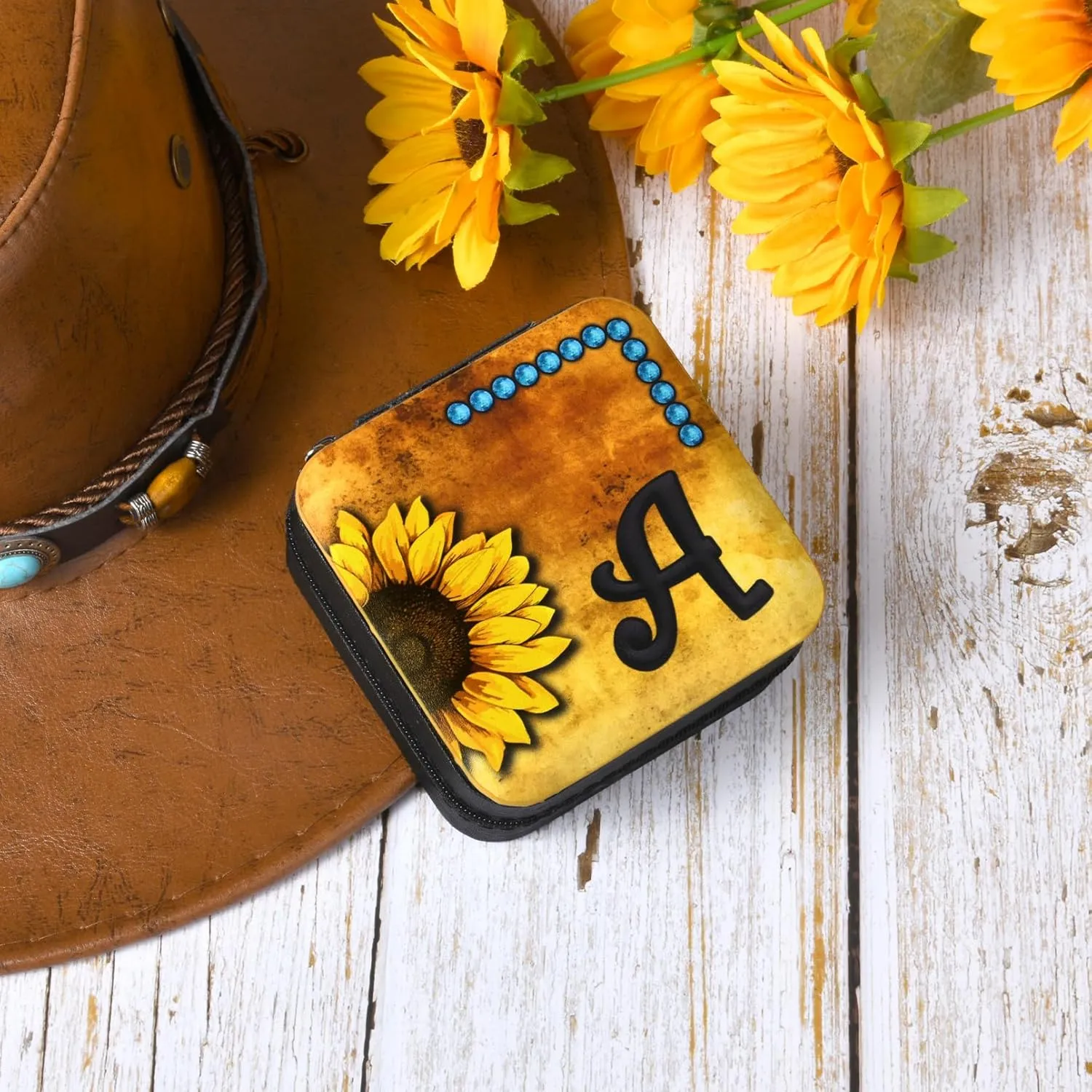 CEELGON Western Travel Jewelry Box Case Teenage Girls Gifts Cowgirl Stuff Sunflower Travel Essentials Jewelry Organizer Gifts for Mom Initial Portable Travel Accessories for Women -Black L