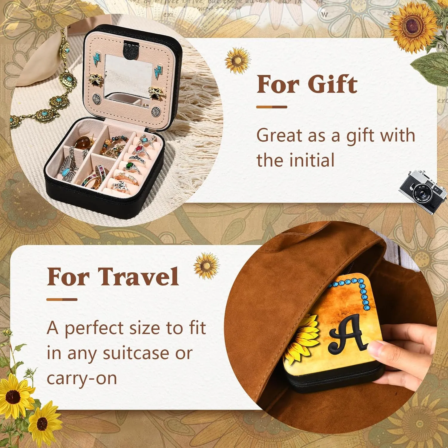 CEELGON Western Travel Jewelry Box Case Teenage Girls Gifts Cowgirl Stuff Sunflower Travel Essentials Jewelry Organizer Gifts for Mom Initial Portable Travel Accessories for Women -Black L