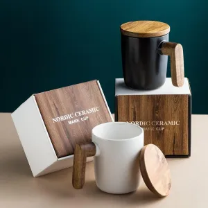 Ceramic Coffee Mug with Wooden Handle and Cover