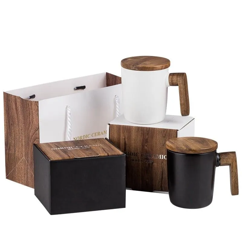 Ceramic Coffee Mug with Wooden Handle and Cover