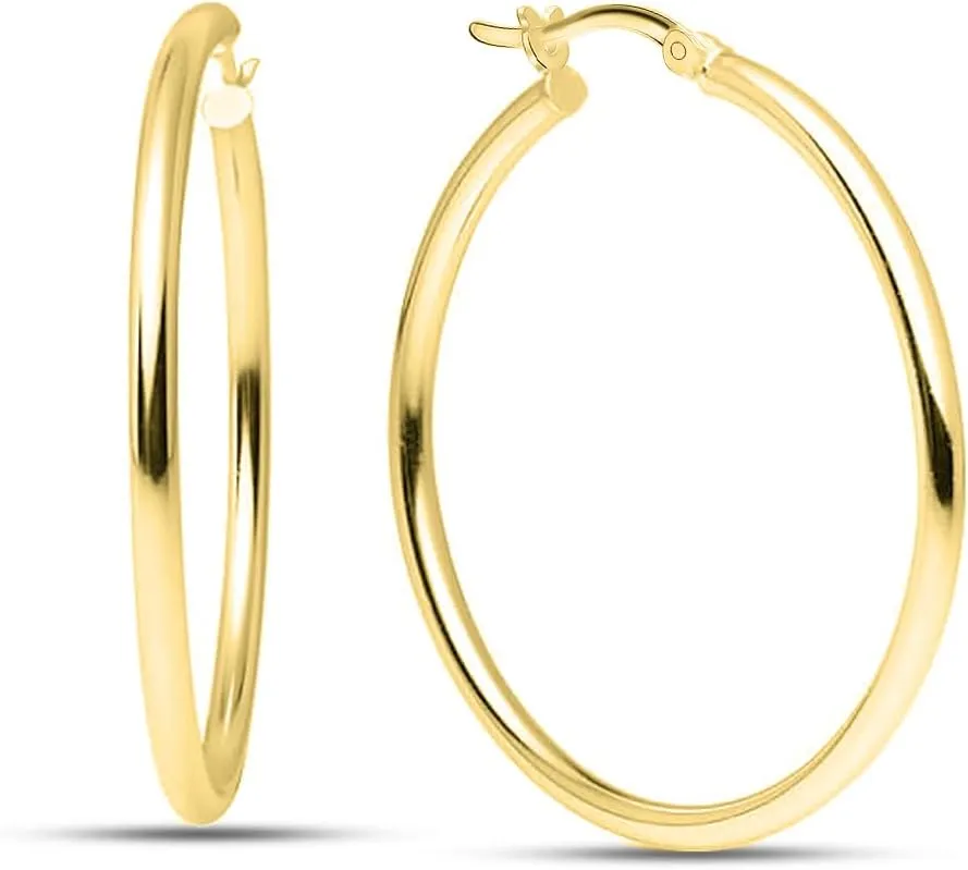 Charmsy 925 Sterling Silver Hoop Earrings for Women | 14K Gold-Plated Lightweight Italian 2.5MM Thick Round Classic Minimalist Earring Hoops | Size 15/20/25/30/35/40MM