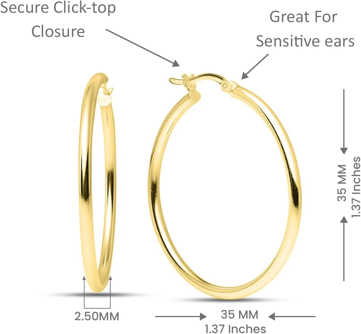 Charmsy 925 Sterling Silver Hoop Earrings for Women | 14K Gold-Plated Lightweight Italian 2.5MM Thick Round Classic Minimalist Earring Hoops | Size 15/20/25/30/35/40MM