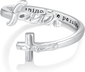 Christian Ring 925 Sterling Silver Faith Ring Religious Adjustable Rings Christian Inspirational Jewelry Gift for Women Her (A-Faith)