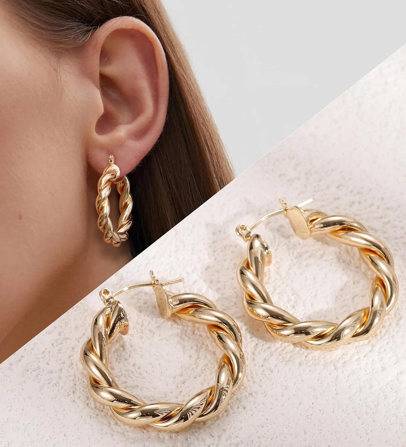 Chunky Gold Hoop Earrings for Women 14K Gold Plated Lightweight Twisted Half Croissant Thick Hoop Earrings