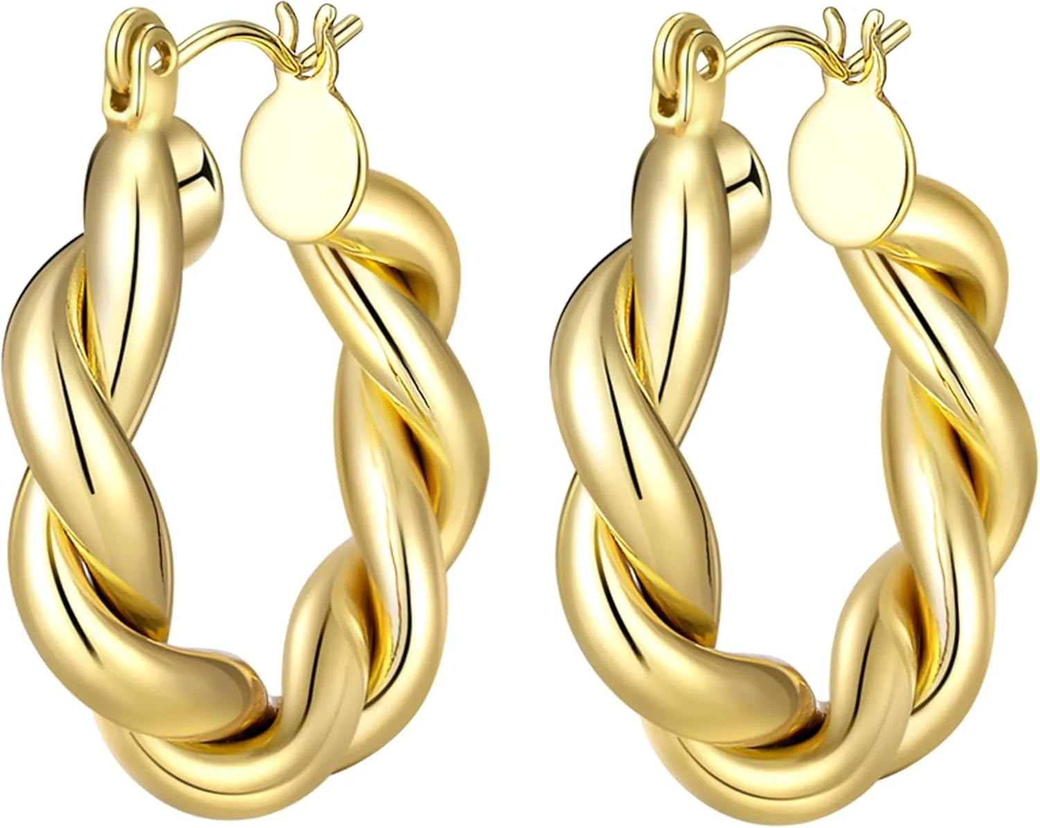 Chunky Gold Hoop Earrings for Women 14K Gold Plated Lightweight Twisted Half Croissant Thick Hoop Earrings