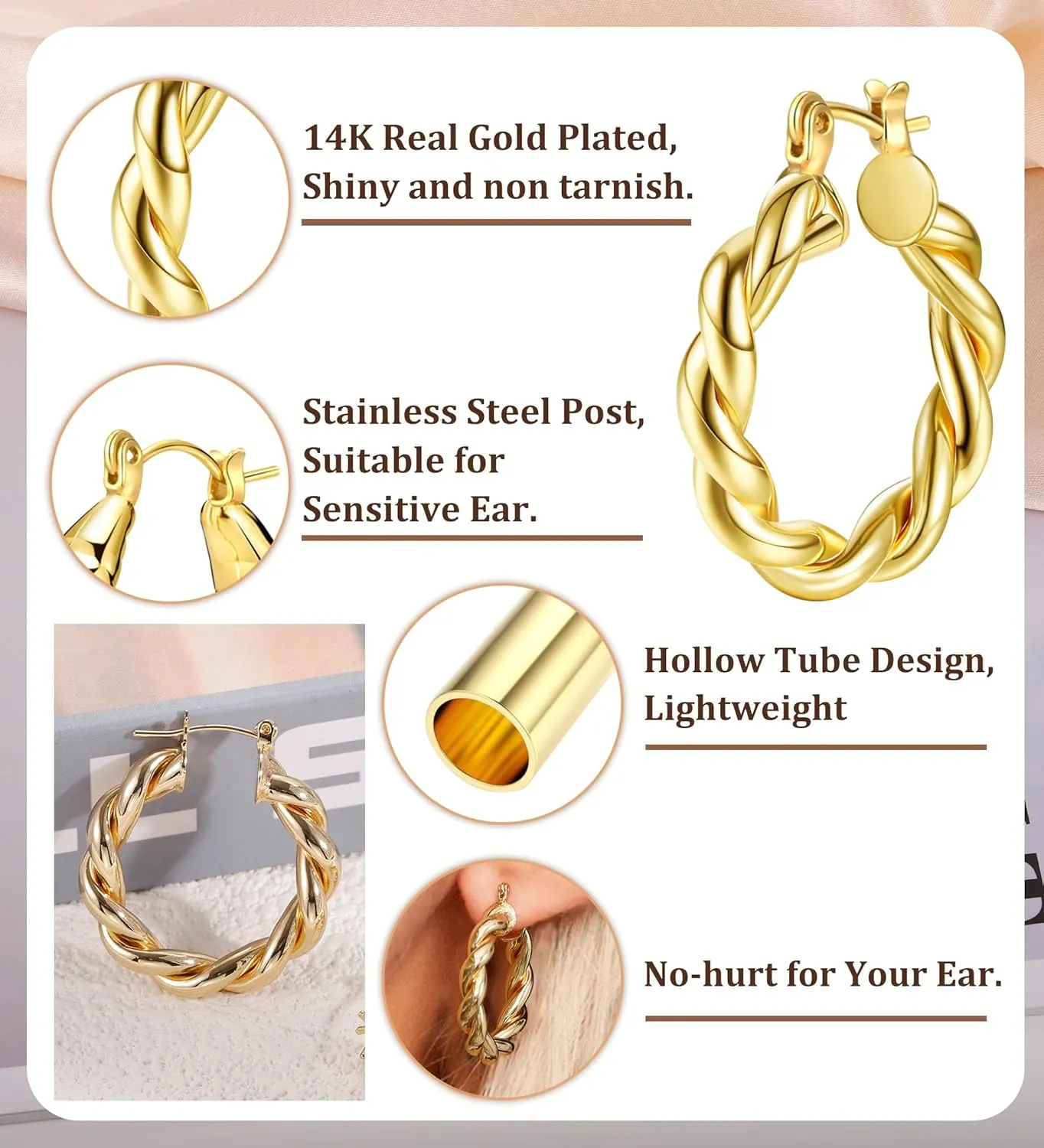 Chunky Gold Hoop Earrings for Women 14K Gold Plated Lightweight Twisted Half Croissant Thick Hoop Earrings