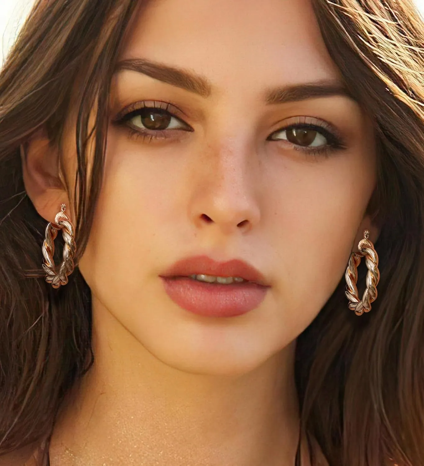 Chunky Gold Hoop Earrings for Women 14K Gold Plated Lightweight Twisted Half Croissant Thick Hoop Earrings