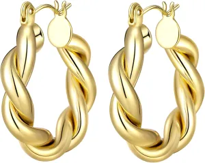 Chunky Gold Hoop Earrings for Women 14K Gold Plated Lightweight Twisted Half Croissant Thick Hoop Earrings