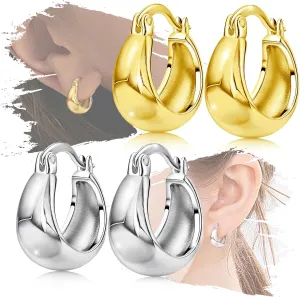 Chunky Hoop Earrings Set for Women - Sterling Silver Gold Loop Earrings Trendy Hypoallergenic Lightweight Thick Hoop Earrings for Sensitive Ears Fashion Women's Hoop Earrings Gifts for Her Christmas