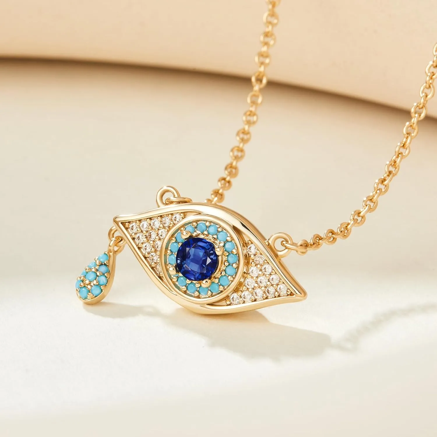 Cicy Bell Evil Eye Necklace for Women 18k Gold Plated Pendant Necklace Cubic Zirconia Turquoise Dainty Trend Jewelry Gift, 16.1"   1.9" Extender