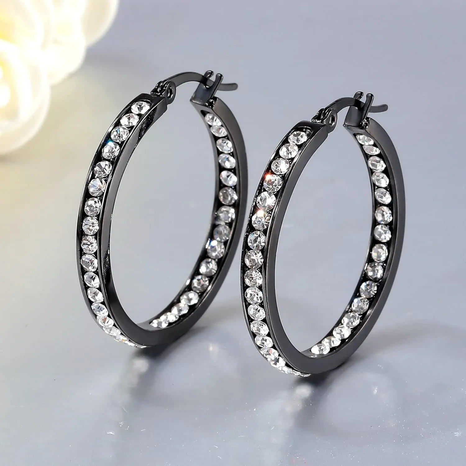 CiNily Stainless Steel Cubic Zirconia Hoop Earrings Silver/Gold Plated Earrings for Sensitive Ears