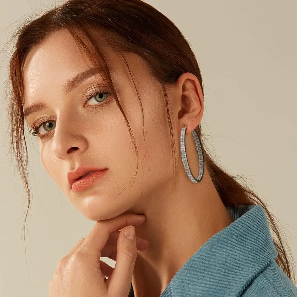 CiNily Stainless Steel Cubic Zirconia Hoop Earrings Silver/Gold Plated Earrings for Sensitive Ears
