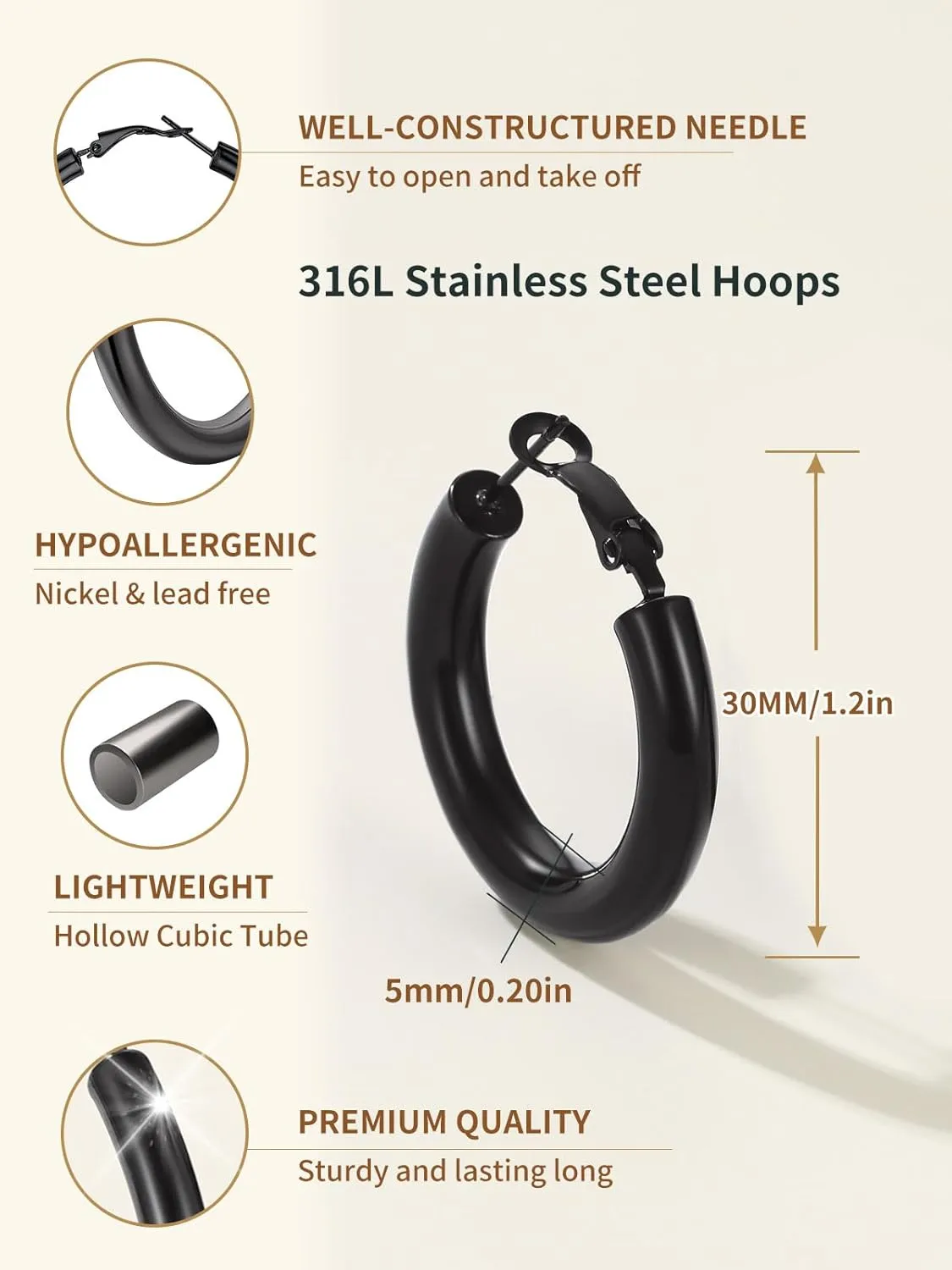 Classic Black/18K Gold Plated/Stainless Steel Hoop Earrings for Women 20mm/30mm/40mm/60mm/80mm Oversized Hypoallergenic Chunky Tube Hoops Rounded Loop Earrings Come with Box