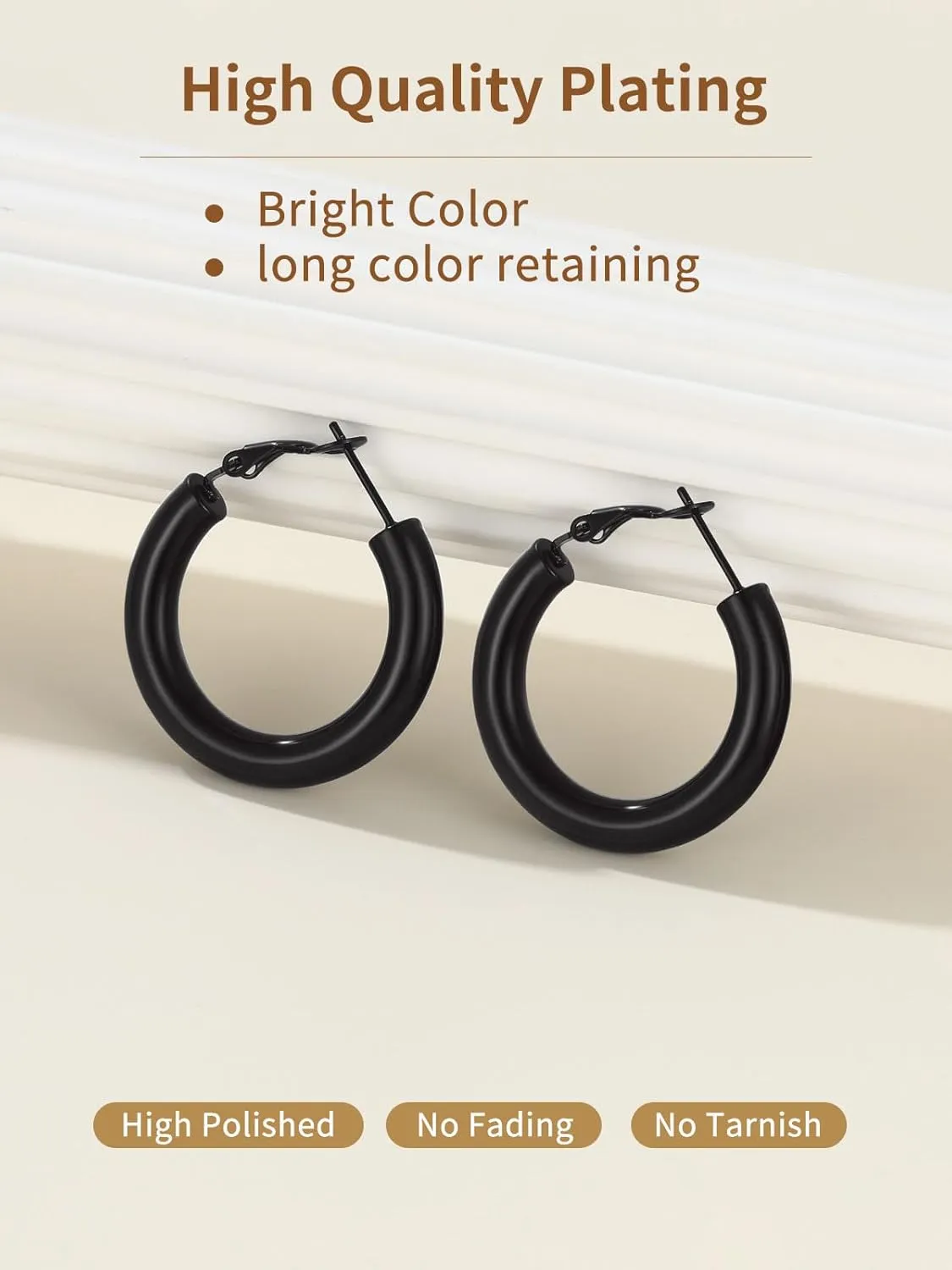 Classic Black/18K Gold Plated/Stainless Steel Hoop Earrings for Women 20mm/30mm/40mm/60mm/80mm Oversized Hypoallergenic Chunky Tube Hoops Rounded Loop Earrings Come with Box