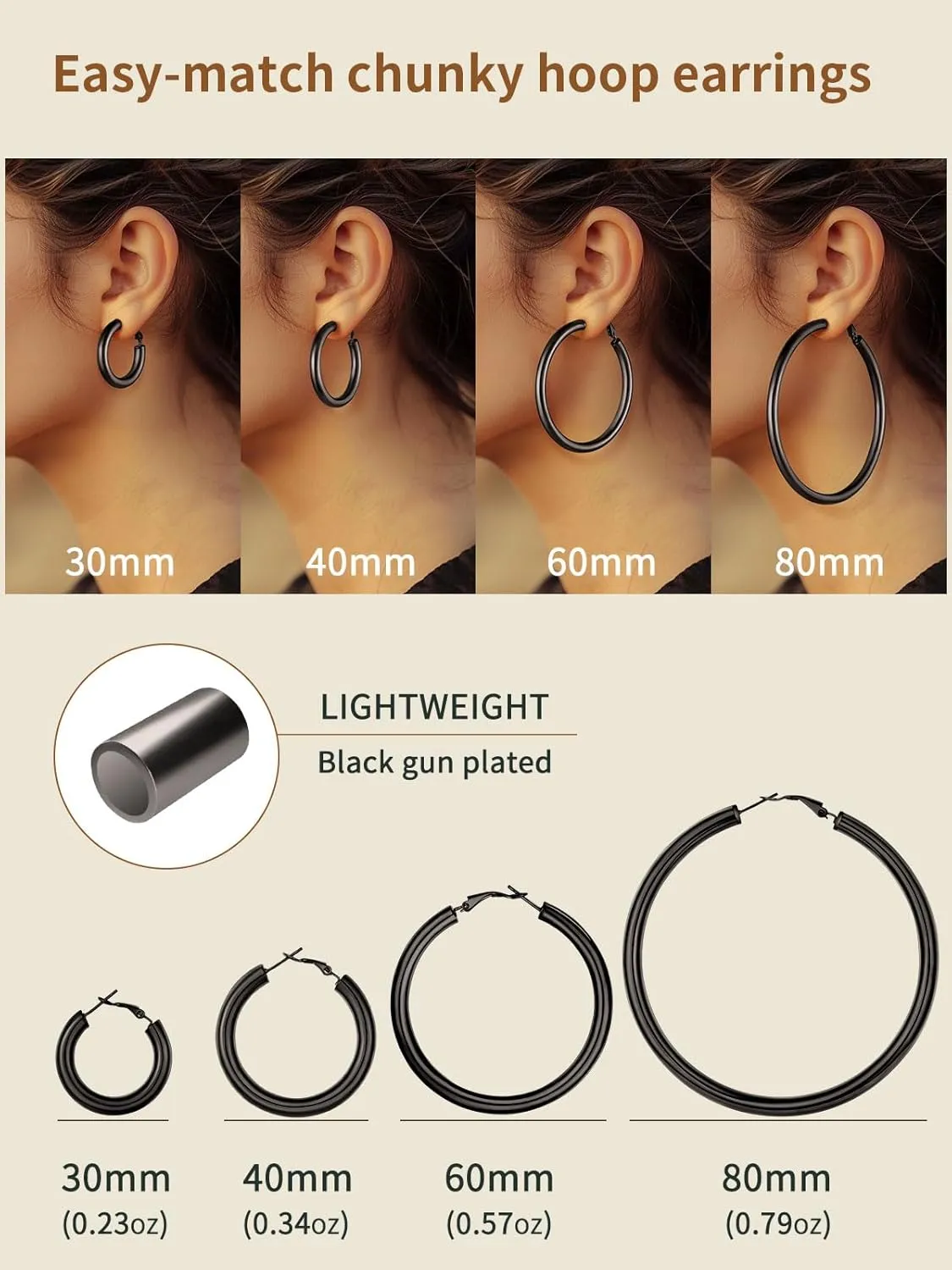 Classic Black/18K Gold Plated/Stainless Steel Hoop Earrings for Women 20mm/30mm/40mm/60mm/80mm Oversized Hypoallergenic Chunky Tube Hoops Rounded Loop Earrings Come with Box