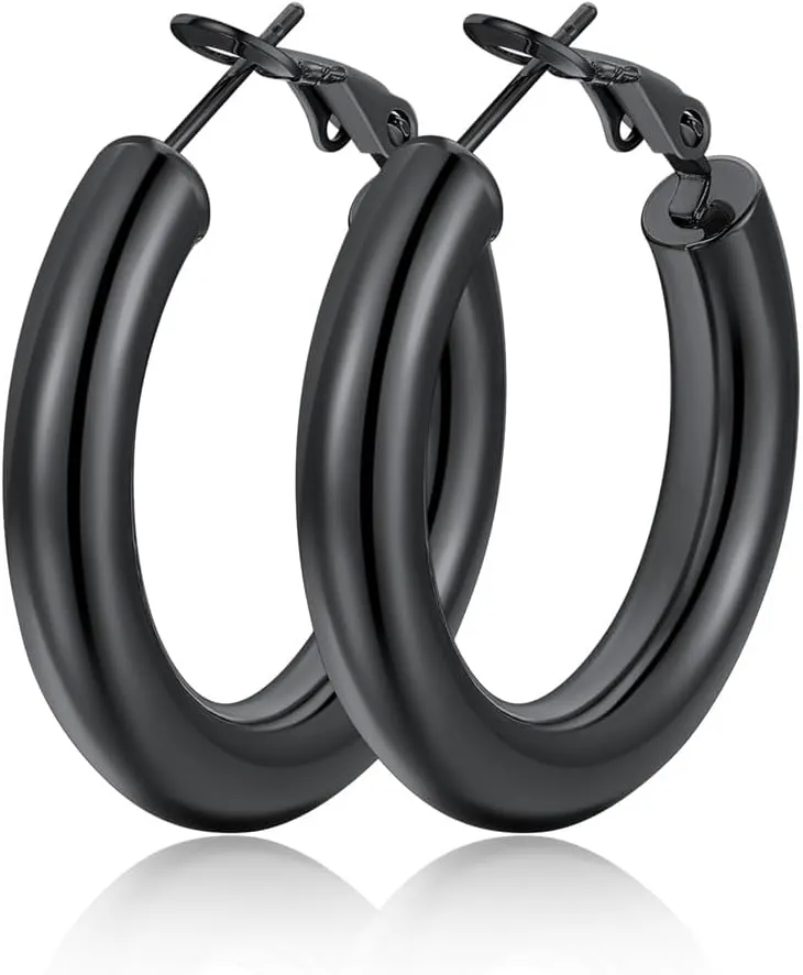 Classic Black/18K Gold Plated/Stainless Steel Hoop Earrings for Women 20mm/30mm/40mm/60mm/80mm Oversized Hypoallergenic Chunky Tube Hoops Rounded Loop Earrings Come with Box